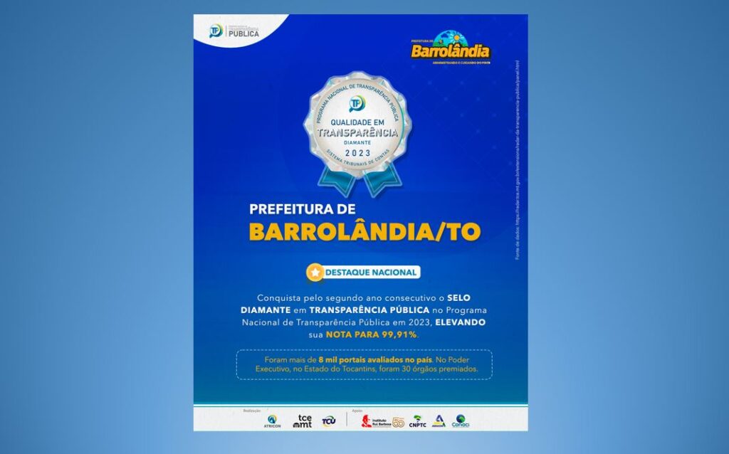 Barrolândia do Tocantins conquista Selo Diamante em Transparência Pública pelo segundo ano consecutivo
